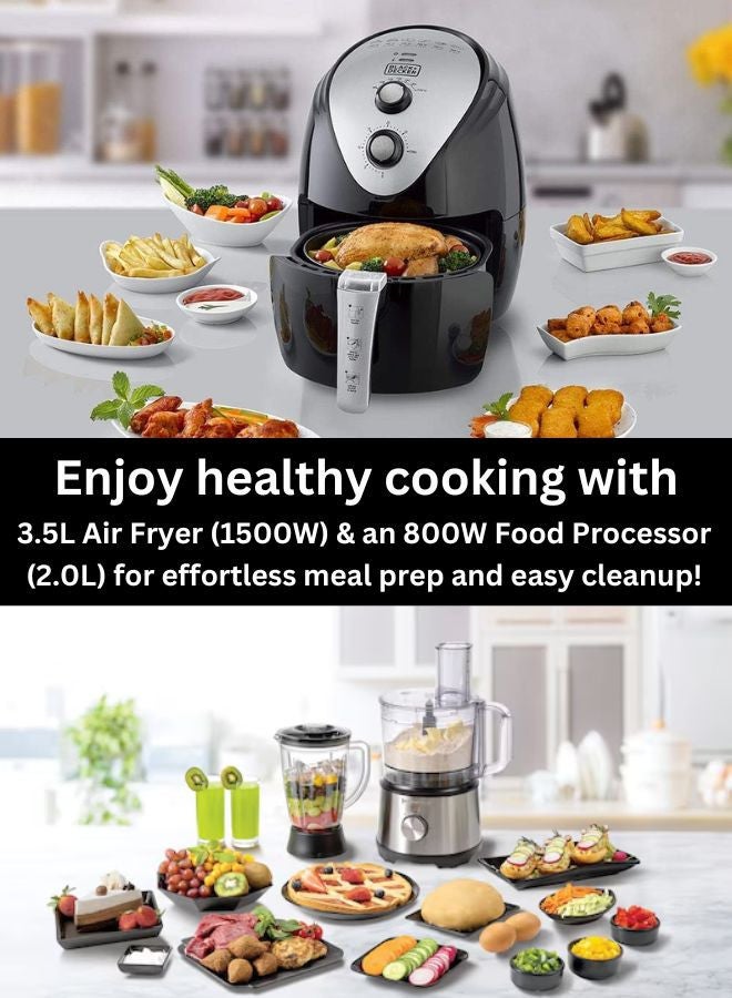 3.5L Air Fryer with Manual Control & 1500W Power + 800W Food Processor with 2L Capacity & Stainless-Steel Blades - Complete Cooking & Food Prep Bundle 5 L 1500 W AF150-B5+FX825-B5 Black/Silver