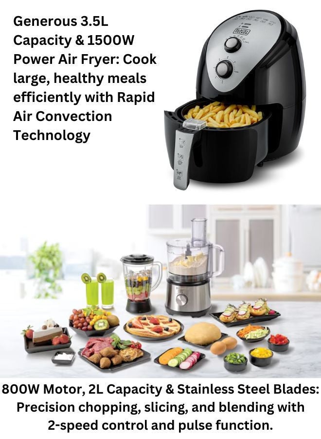 3.5L Air Fryer with Manual Control & 1500W Power + 800W Food Processor with 2L Capacity & Stainless-Steel Blades - Complete Cooking & Food Prep Bundle 5 L 1500 W AF150-B5+FX825-B5 Black/Silver