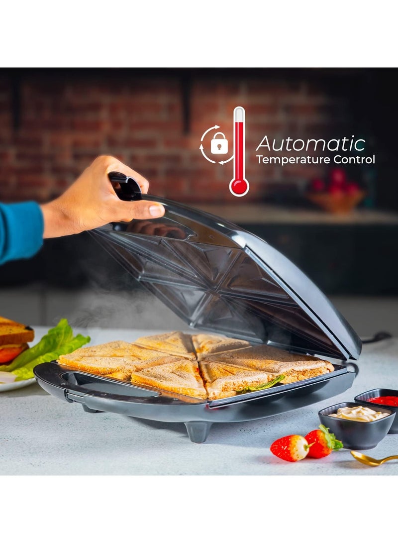 Geepas 4 Slice Sandwich Maker - Cooks Delicious Crispy Sandwiches - Cool Touch Handle, Automatic Temperature Control and Non-Stick Plate - Breakfast Sandwiches & Cheese Snack