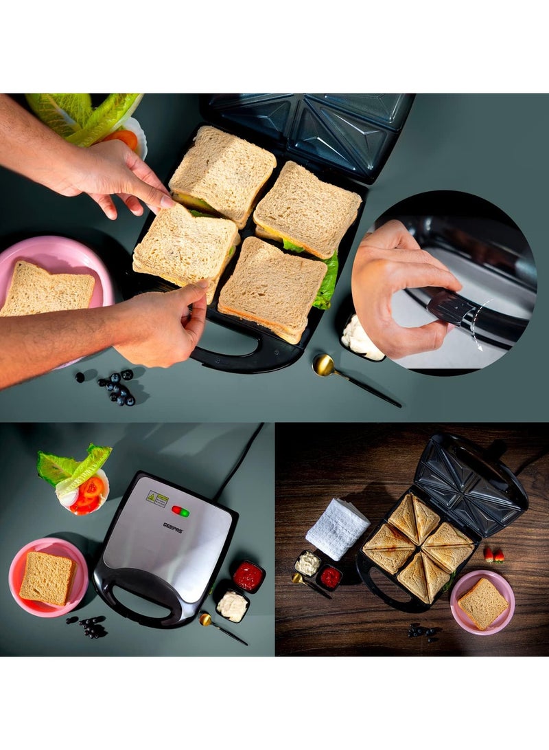 Geepas 4 Slice Sandwich Maker - Cooks Delicious Crispy Sandwiches - Cool Touch Handle, Automatic Temperature Control and Non-Stick Plate - Breakfast Sandwiches & Cheese Snack