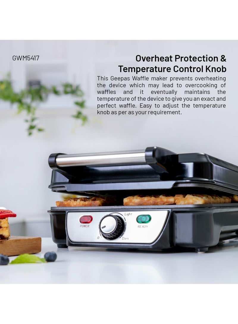 Geepas GWM5417 Electric Waffle Maker 1100W- 4 Slice Non-Stick Electric Belgian Waffle Maker with Adjustable Temperature Control