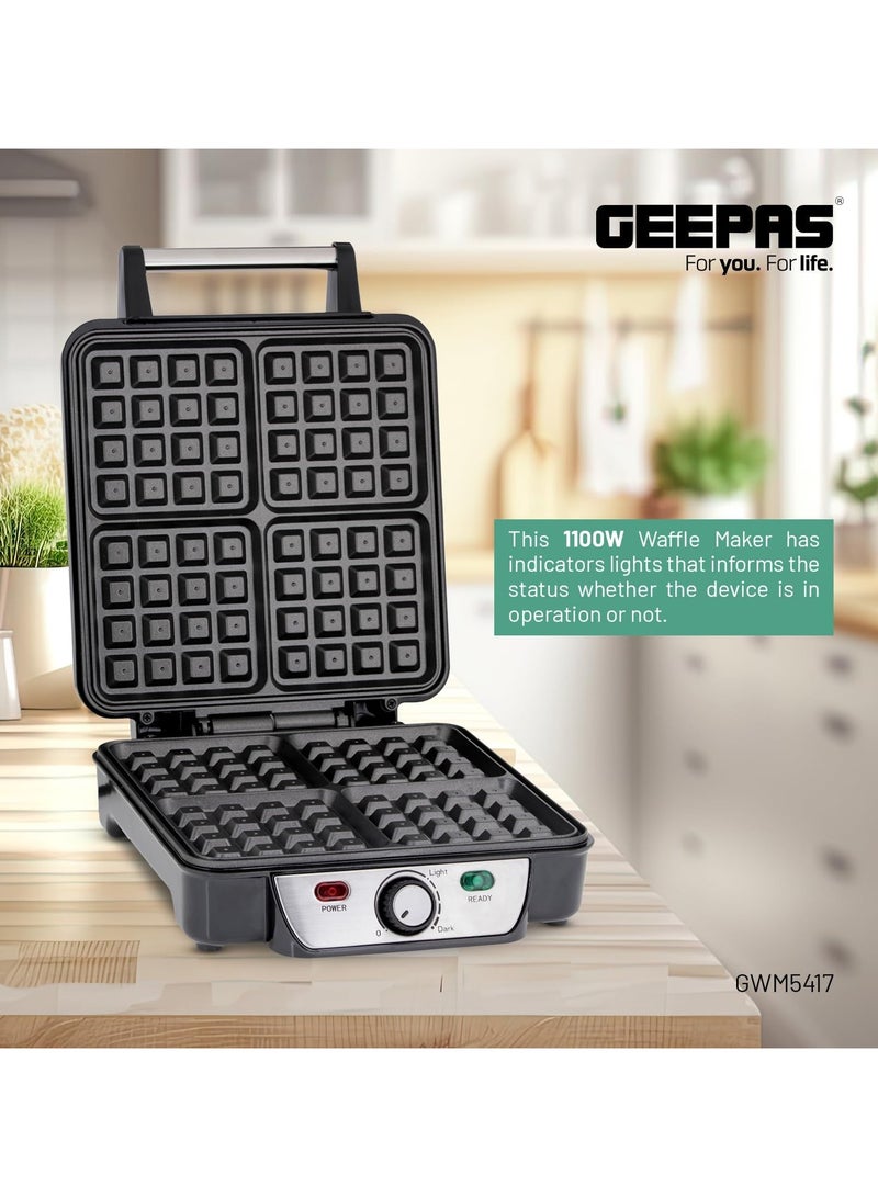 Geepas GWM5417 Electric Waffle Maker 1100W- 4 Slice Non-Stick Electric Belgian Waffle Maker with Adjustable Temperature Control