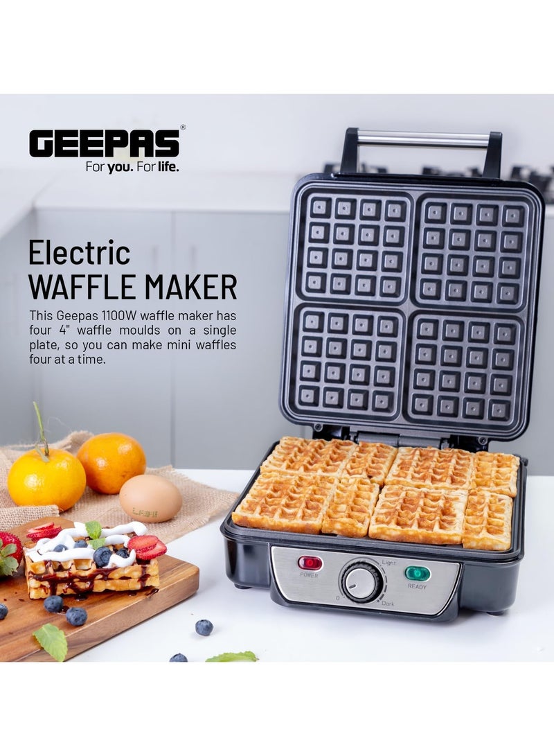 Geepas GWM5417 Electric Waffle Maker 1100W- 4 Slice Non-Stick Electric Belgian Waffle Maker with Adjustable Temperature Control