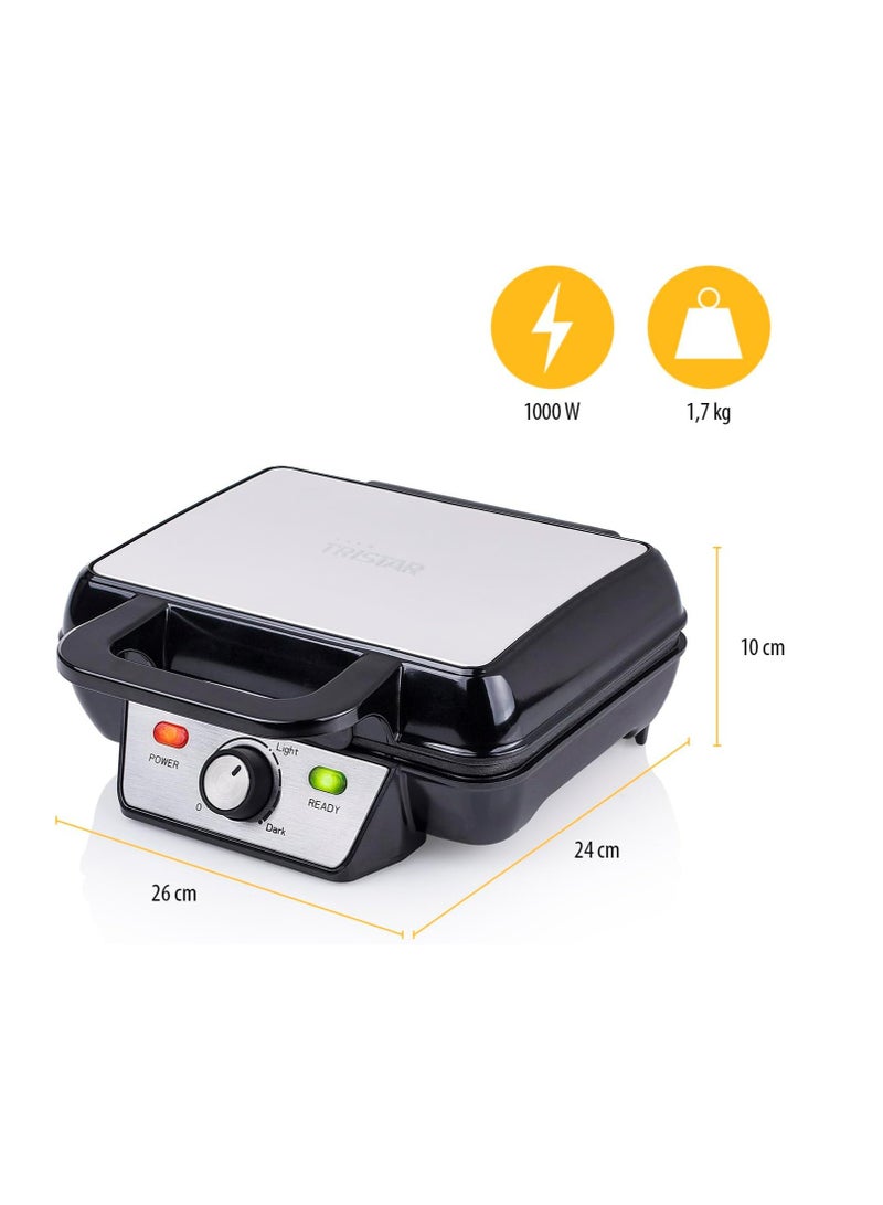 Waffle Maker - 1000 W, Stainless Steel, Black