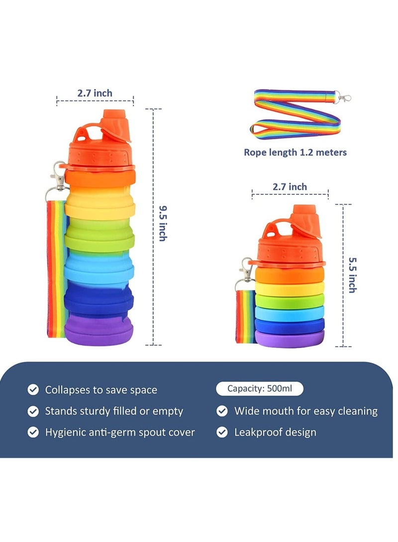 Collapsible Water Bottle, 500ML BPA-Free Silicone Five Height Level Bottle for Gym Camping & Outdoor Sports, The Gift for Girl and Boy (Rainbow)