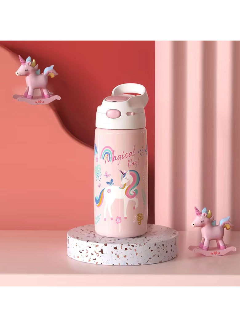 500ML Water bottle Pink Unicorn Theme for Girls. Insulated/Thermal Water bottel Hot/Cold temperature. Modern Chic Water bottle, BPA free, Anti-Spill, lock function, carry loop