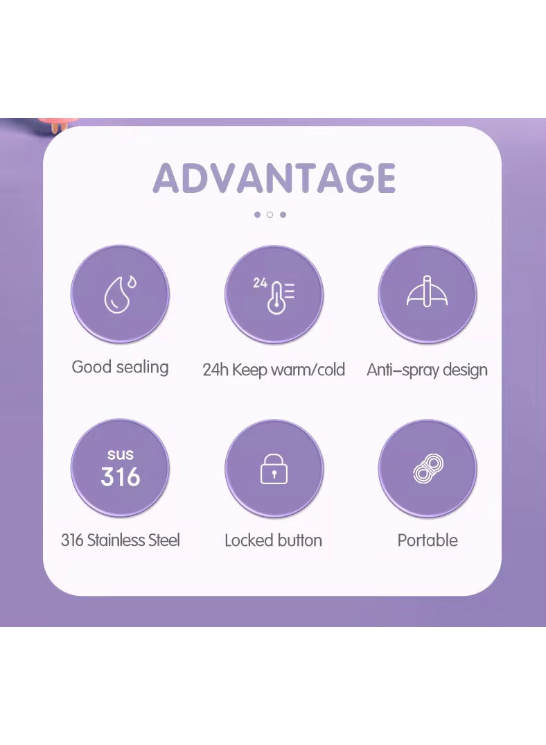 500ML Water bottle Pink Unicorn Theme for Girls. Insulated/Thermal Water bottel Hot/Cold temperature. Modern Chic Water bottle, BPA free, Anti-Spill, lock function, carry loop