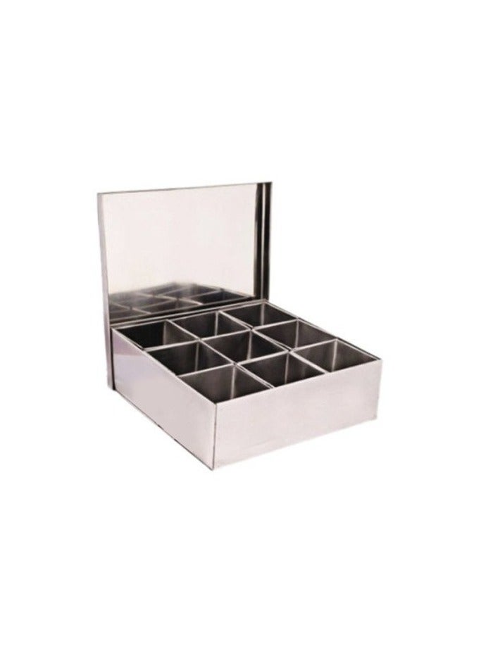 Stainless Steel Catering Masala Box 9-Compartments 10X10CM  Spice Storage Box L30.5 X W30.5 X H7.7CM Silver