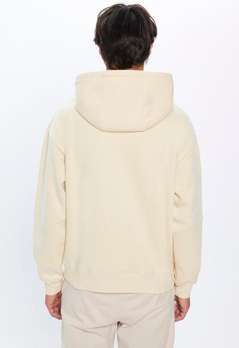 Unisex Oversize Wide Cut Cotton Soft Textured Polar Fleece Basic Beige Hooded Sweatshirt