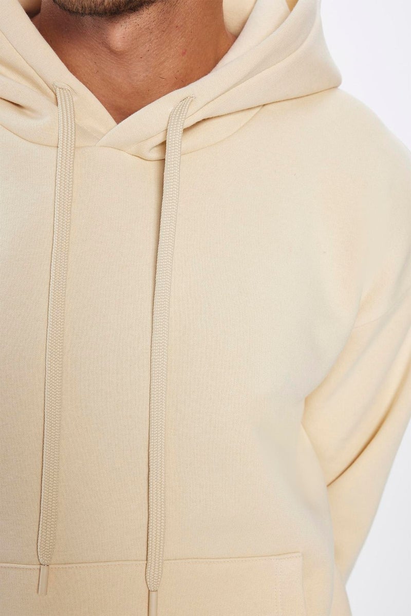 Unisex Oversize Wide Cut Cotton Soft Textured Polar Fleece Basic Beige Hooded Sweatshirt