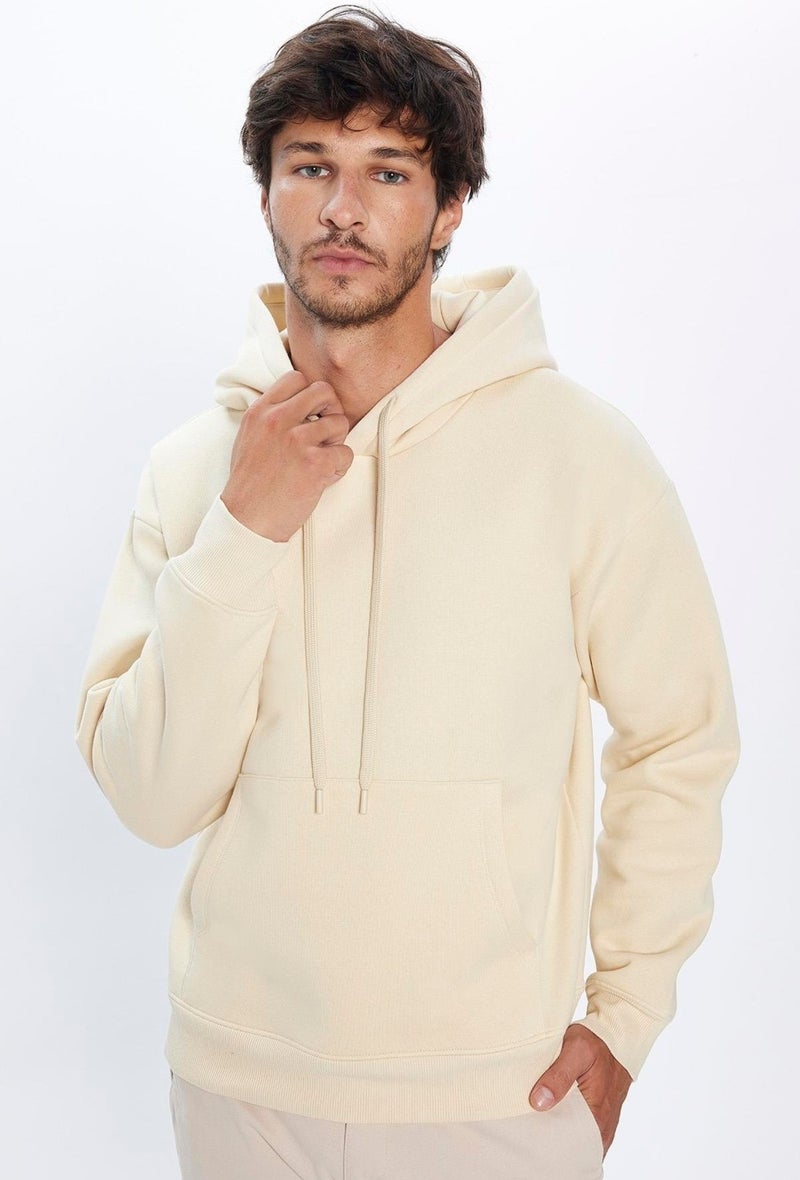 Unisex Oversize Wide Cut Cotton Soft Textured Polar Fleece Basic Beige Hooded Sweatshirt