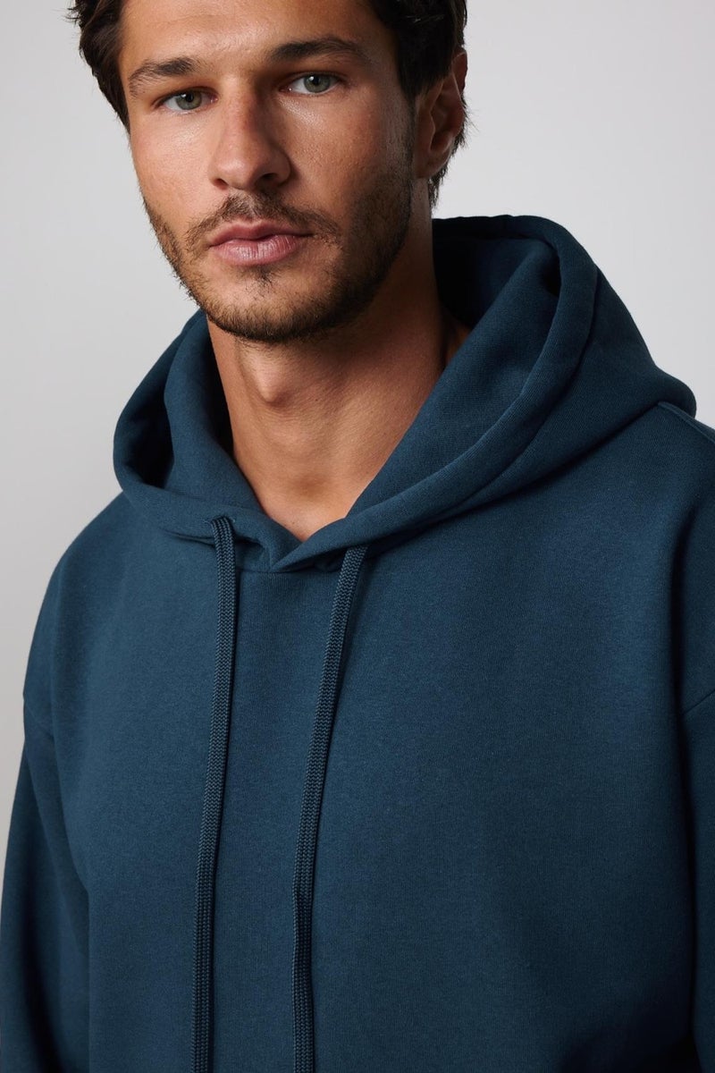 Oversize Cotton Hooded Basic Navy Blue Unisex Sweatshirt