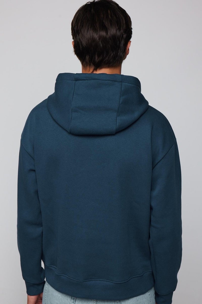 Oversize Cotton Hooded Basic Navy Blue Unisex Sweatshirt