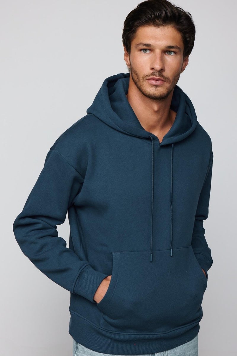 Oversize Cotton Hooded Basic Navy Blue Unisex Sweatshirt