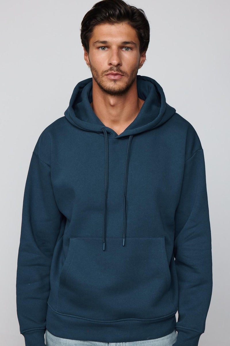 Oversize Cotton Hooded Basic Navy Blue Unisex Sweatshirt