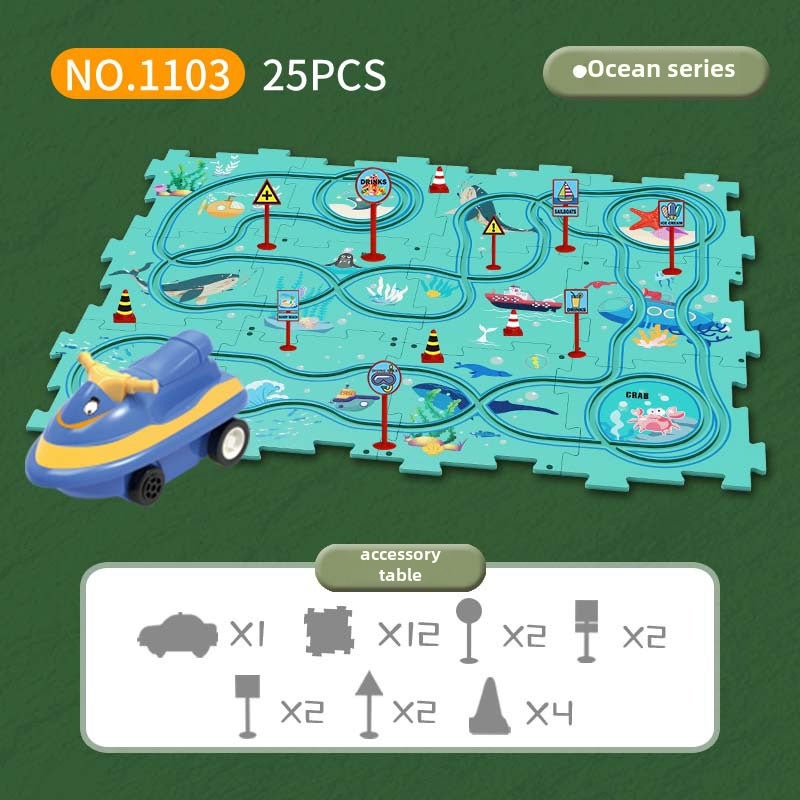 DIY Multifunctional Puzzle Car Toy for Boys 3-61103C [25PCs] ocean theme -- 12 puzzles +8 road signs +4 obstacles +1 motorboat 1103C [25PCs] ocean theme -- 12 puzzles +8 road signs +4 obstacles +1 motorboat