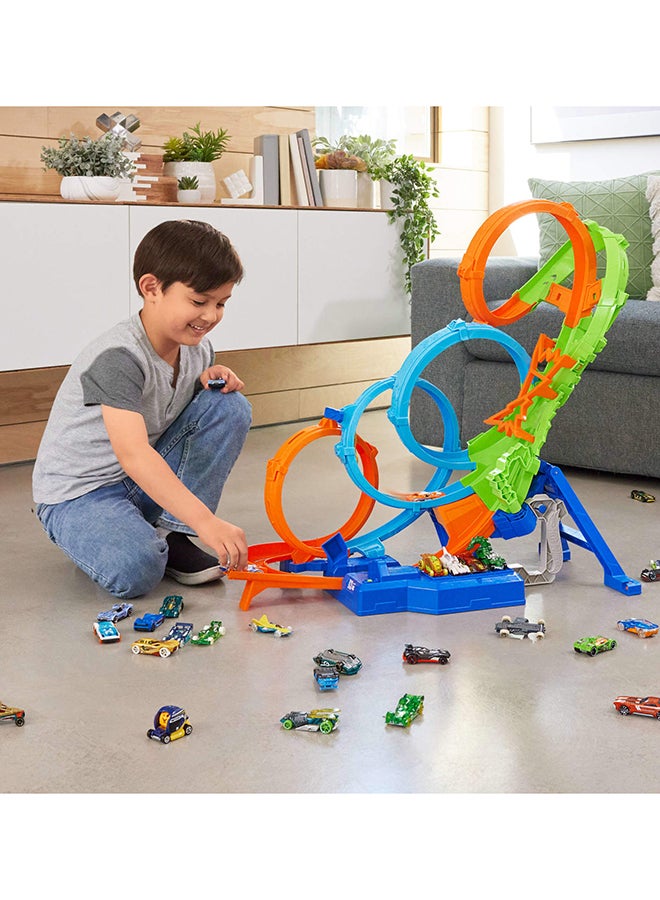 Toy Car Track Set with 4 Loops, 3-Way Crash Zone & Motorized Booster, Folds for Storage, With 1:64 Scale Toy Car