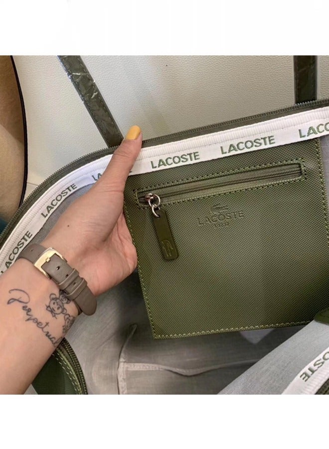 Lacoste Women's L12.12 Concept Fashion Versatile Large Capacity Zipper Handbag Tote Bag Shoulder Bag Large Green