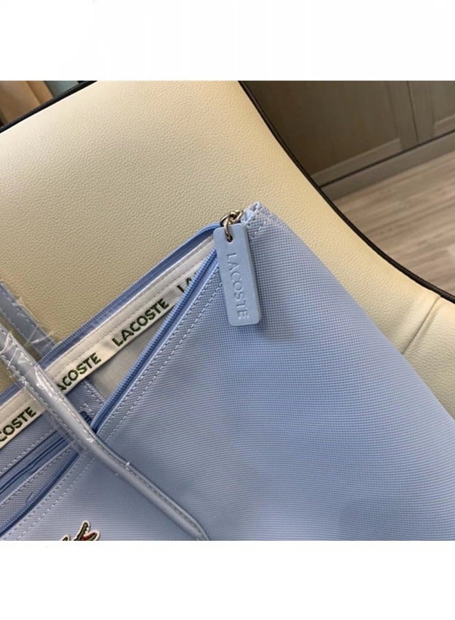 Lacoste Women's L12.12 Concept Fashion Versatile Large Capacity Zipper Handbag Tote Bag Shoulder Bag Large Light Blue