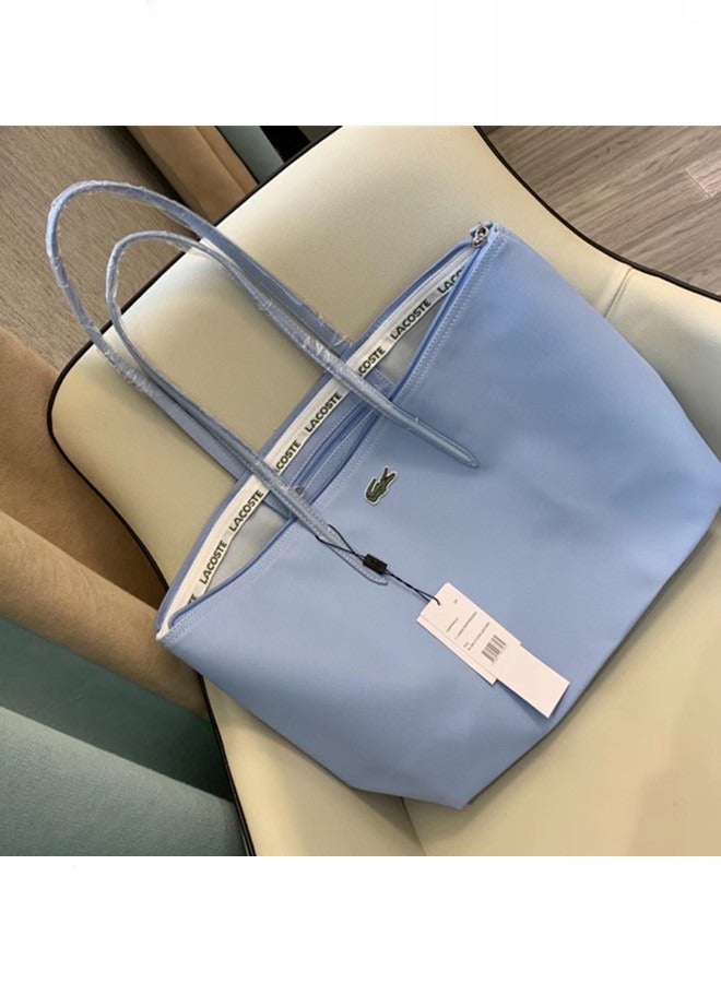 Lacoste Women's L12.12 Concept Fashion Versatile Large Capacity Zipper Handbag Tote Bag Shoulder Bag Large Light Blue