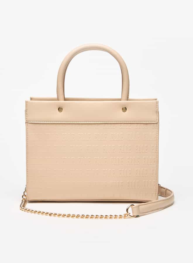 Women Monogram Embossed Tote Bag with Top Handles and Zip Closure
