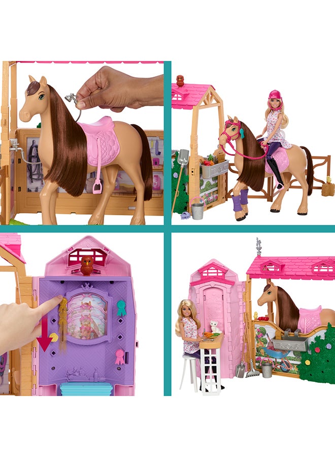 Toy Stable Playset with Doll, Horse & Accessories, 25+ Pieces with 6 Areas of Play, Inspired by Barbie Mysteries: The Great Horse Chase