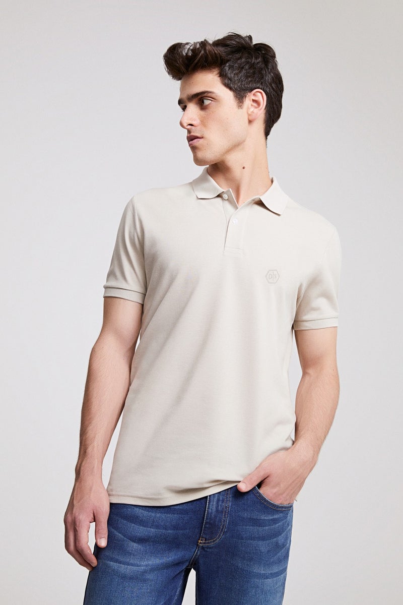 Regular Fit Stone Pique Textured 100% Cotton Non-Curl Polo Collar Embroidered T-Shirt 4HC14ORT51000