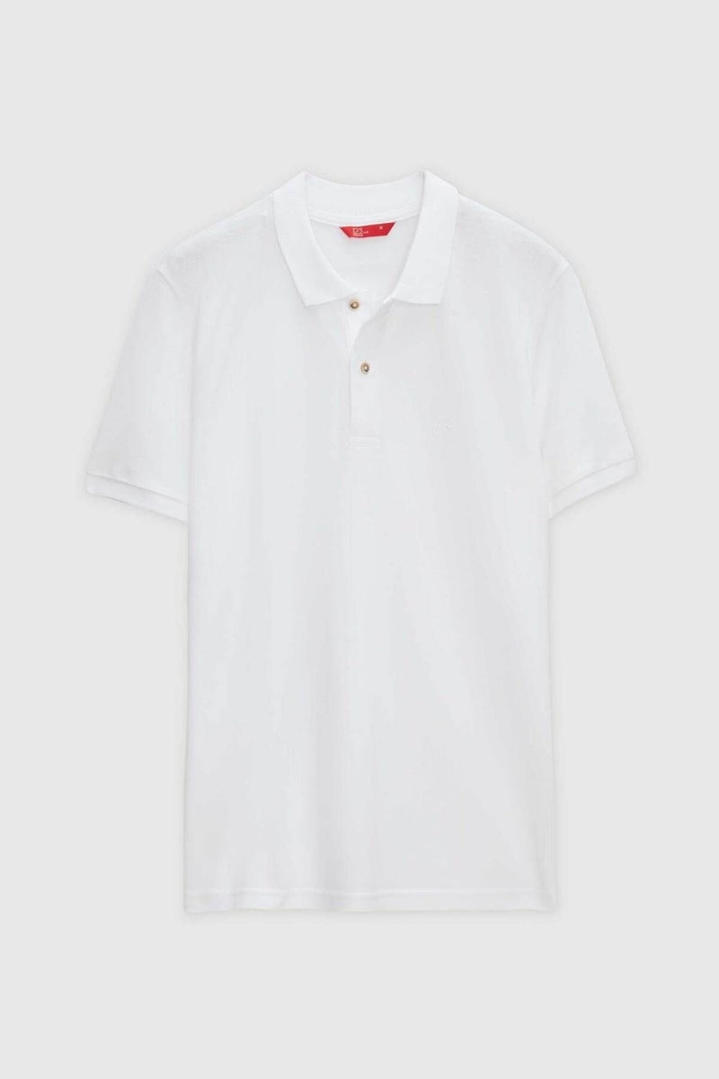 Regular Fit White Pique Textured 100% Cotton Non-Curl Polo Collar Embroidered T-Shirt 6HC14ORT51000