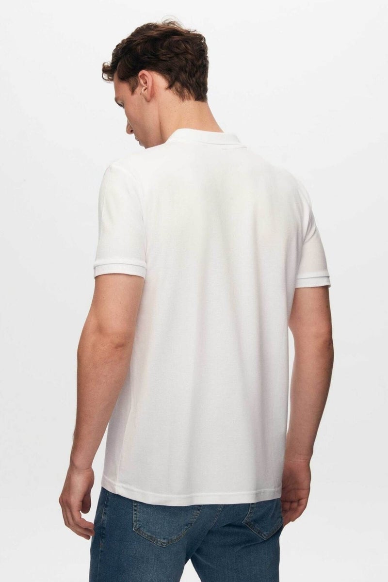 Regular Fit White Pique Textured 100% Cotton Non-Curl Polo Collar Embroidered T-Shirt 6HC14ORT51000