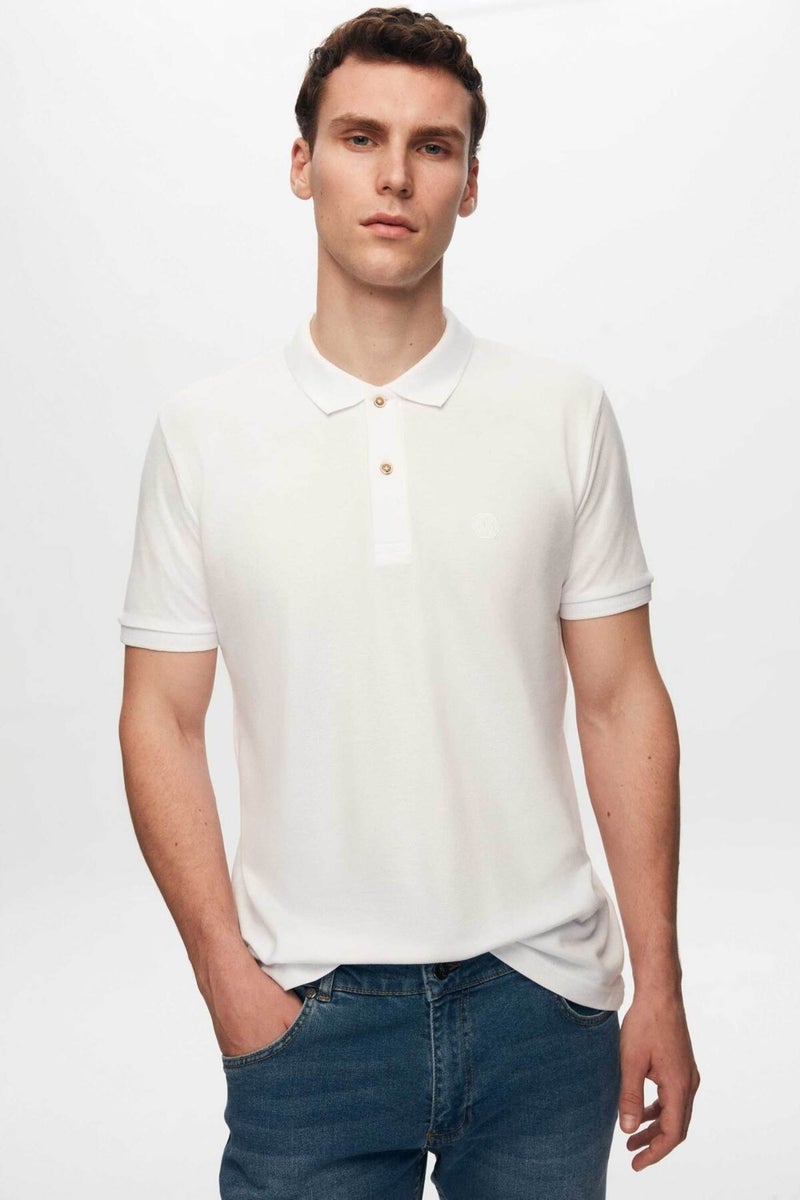 Regular Fit White Pique Textured 100% Cotton Non-Curl Polo Collar Embroidered T-Shirt 6HC14ORT51000