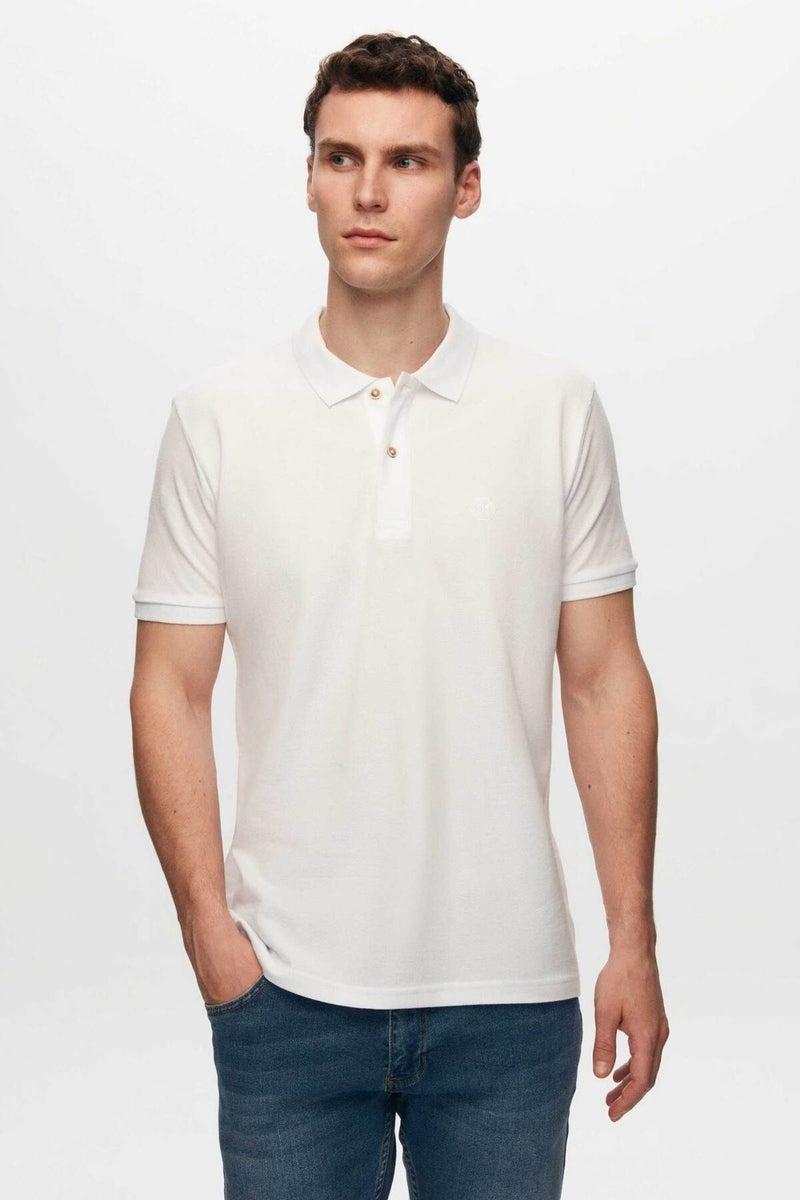 Regular Fit White Pique Textured 100% Cotton Non-Curl Polo Collar Embroidered T-Shirt 6HC14ORT51000