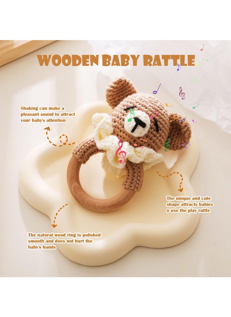 Wooden Baby Rattle with Crochet Bear, Infant Wood Animal Toy for Early Development and Grips, Newborn Stuffed Animal Rattle