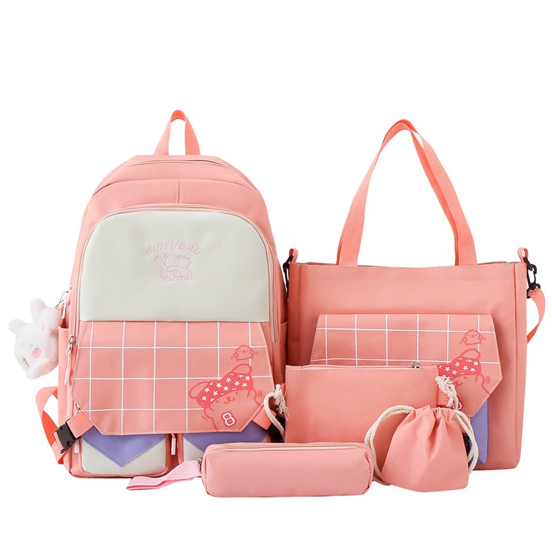 Back-to-School Cartoon Backpack Set for Girls Pink five-piece set