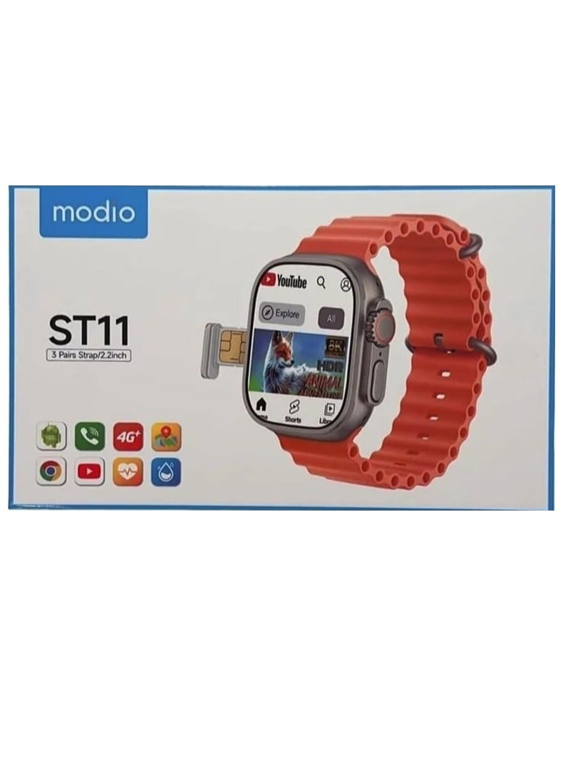 MODIO ST11 Smart Watch 2.2 Inch Full Screen 4G SIM Card Support 3 Pairs of Straps Wireless Charger for Women Men Black