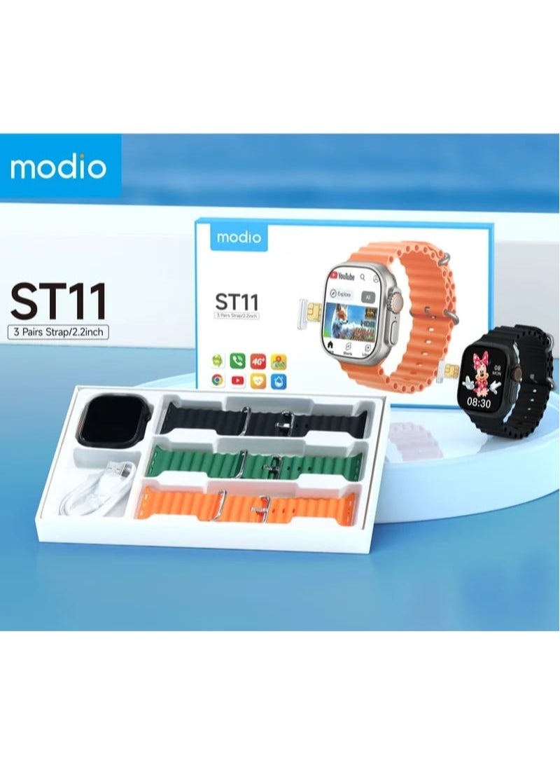 MODIO ST11 Smart Watch 2.2 Inch Full Screen 4G SIM Card Support 3 Pairs of Straps Wireless Charger for Women Men Black