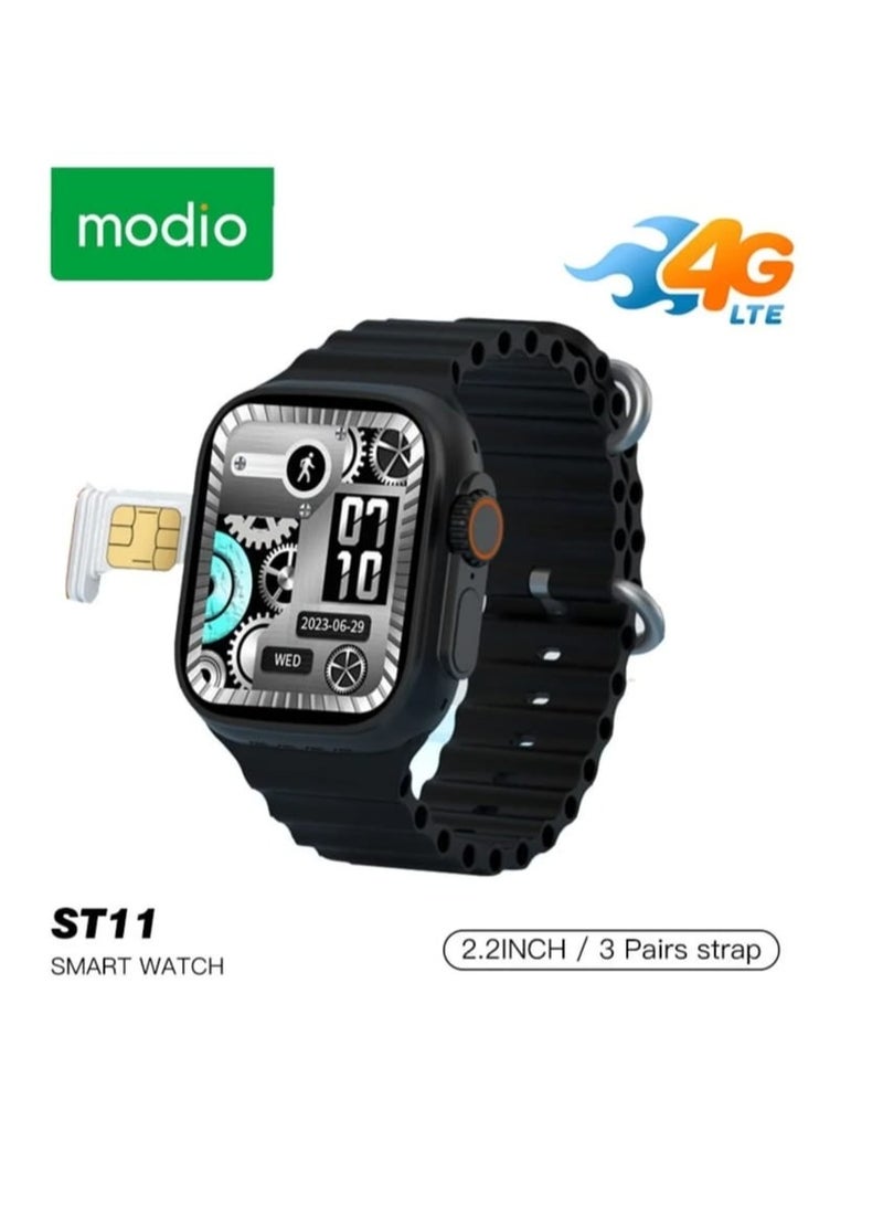 MODIO ST11 Smart Watch 2.2 Inch Full Screen 4G SIM Card Support 3 Pairs of Straps Wireless Charger for Women Men Black