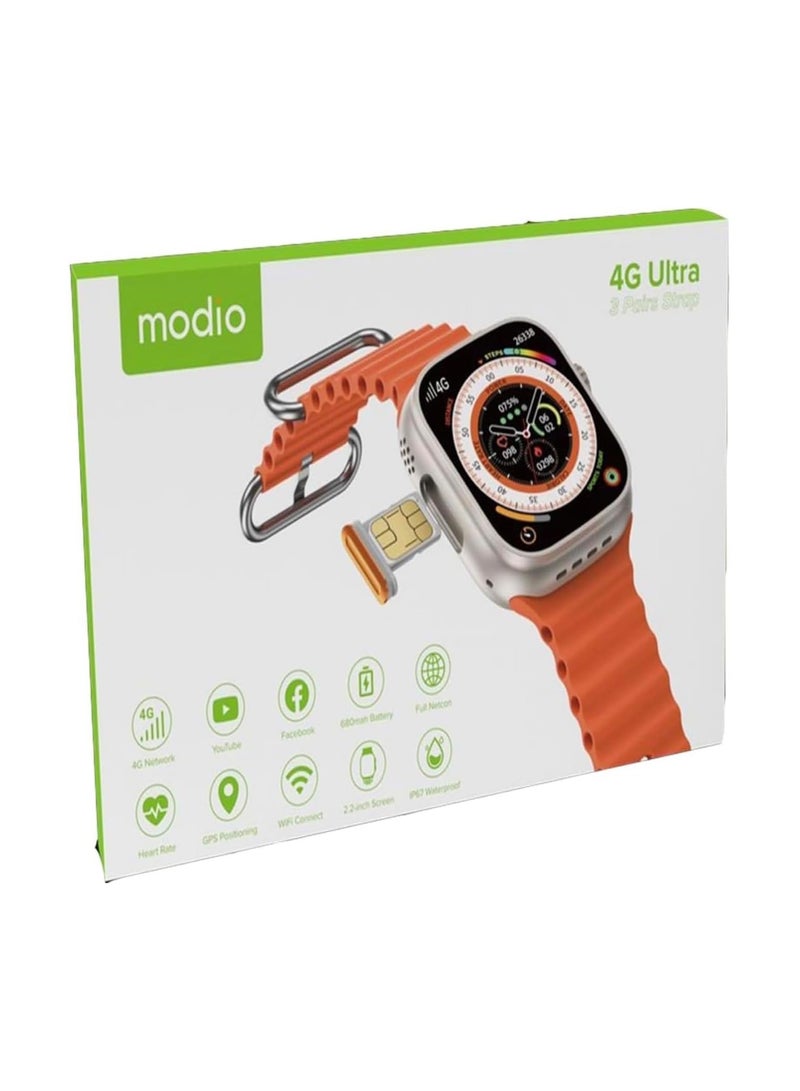 Modio 4G Ultra Max 2.2 Inch HD Smart Watch for Men Women with 3 Sets of Straps