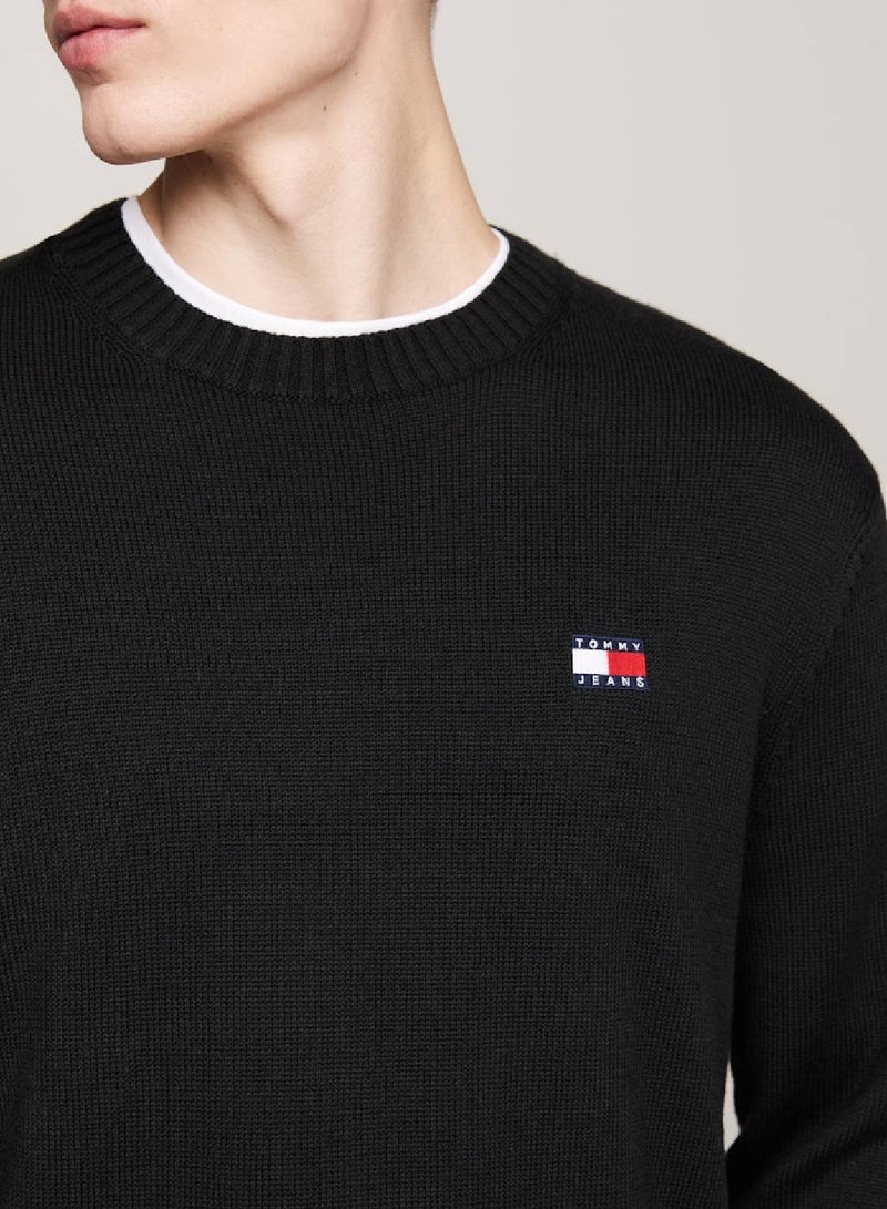 Men's Tommy Badge Jumper With Wool, Black- Recycled Polyester