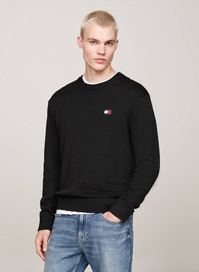 Men's Tommy Badge Jumper With Wool, Black- Recycled Polyester