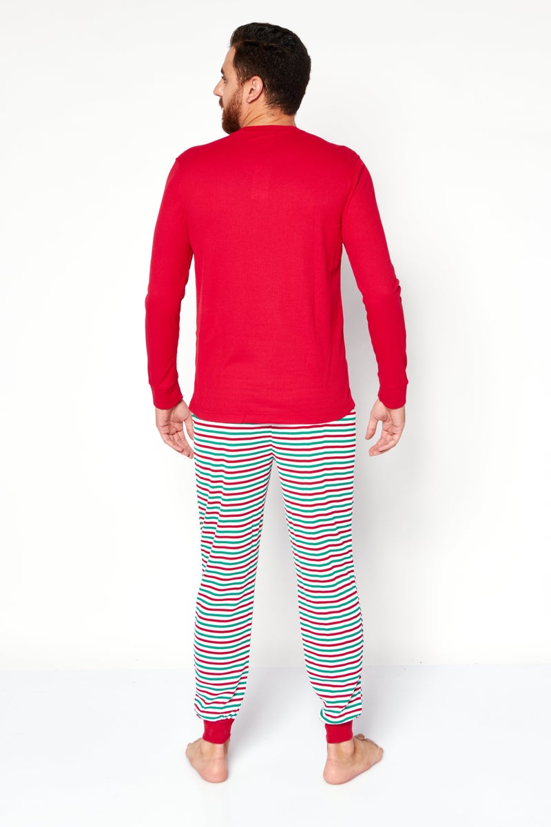 Men 2 Pieces Long Sleeve Textured Pajama Set, Red Combo