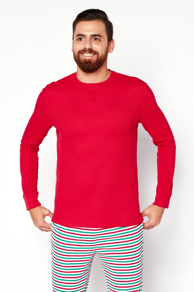 Men 2 Pieces Long Sleeve Textured Pajama Set, Red Combo