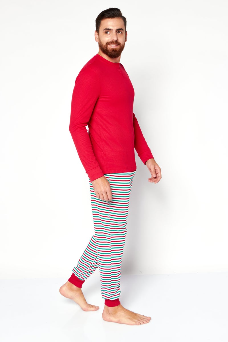 Men 2 Pieces Long Sleeve Textured Pajama Set, Red Combo