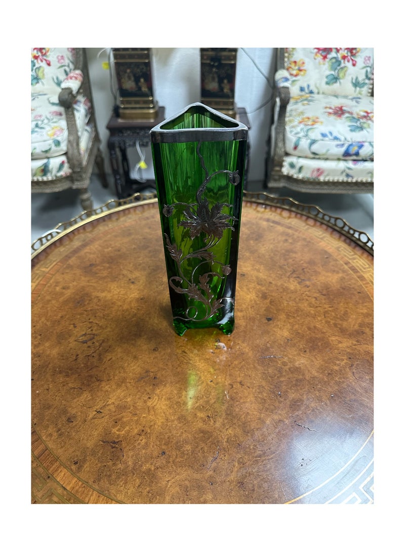 Triangular Green Glass  Vase with Silver Inset