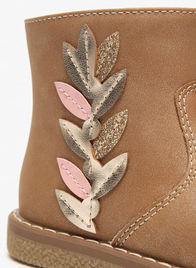 Girls Leaf Applique Ankle Boots with Zip Closure