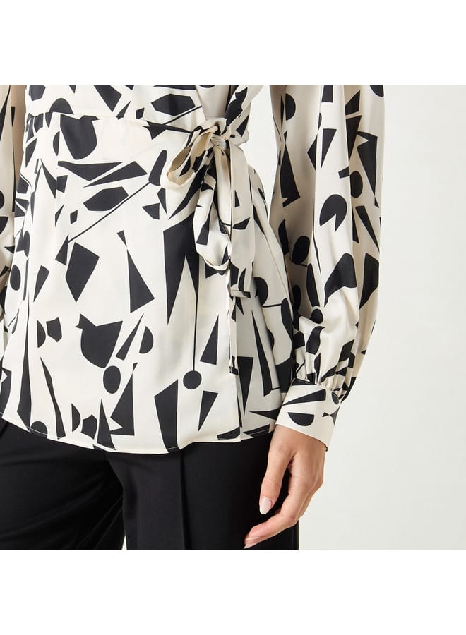 Iconic Printed V-neck Top with Tie-Ups and Long Sleeves