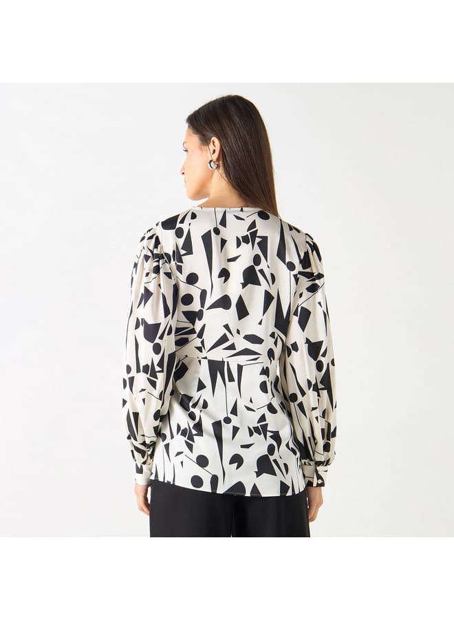 Iconic Printed V-neck Top with Tie-Ups and Long Sleeves