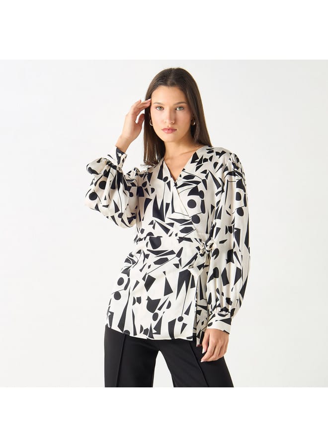 Iconic Printed V-neck Top with Tie-Ups and Long Sleeves