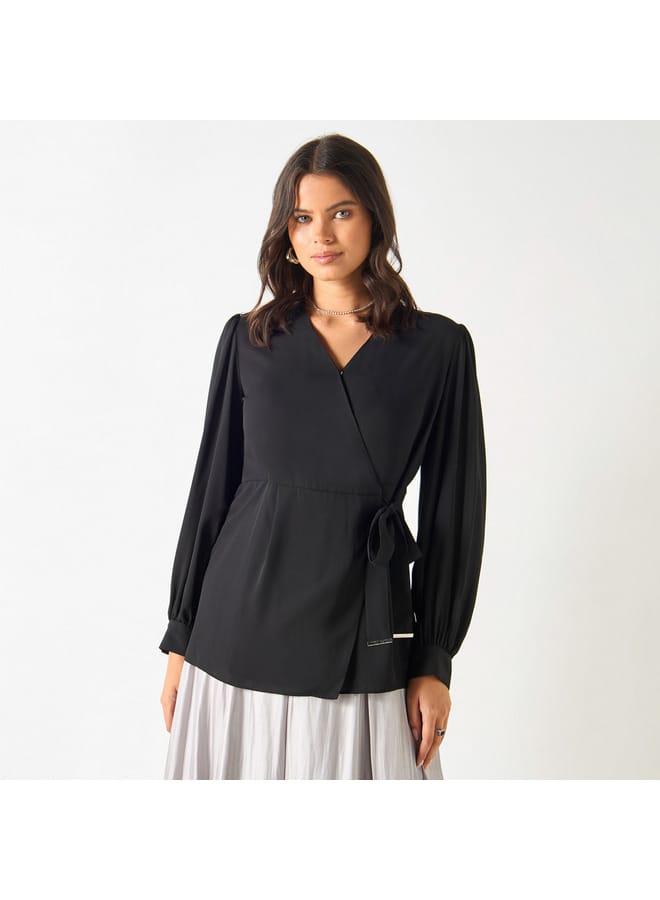 Iconic Solid V-neck Top with Tie-Ups and Long Sleeves