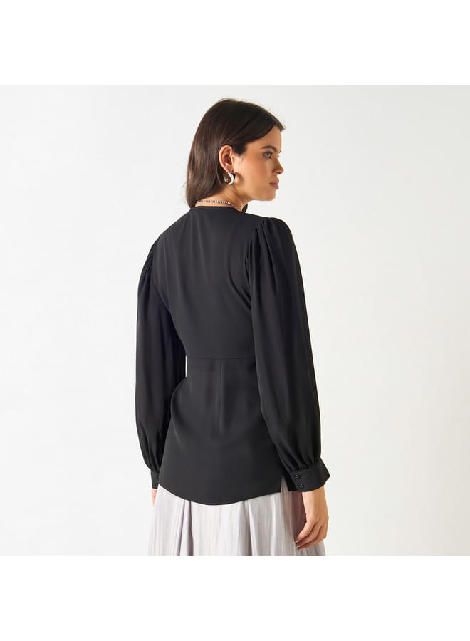 Iconic Solid V-neck Top with Tie-Ups and Long Sleeves