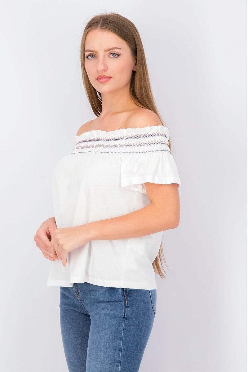 Women Off Shoulder Neck Short Sleeves Textured Top, White Combo